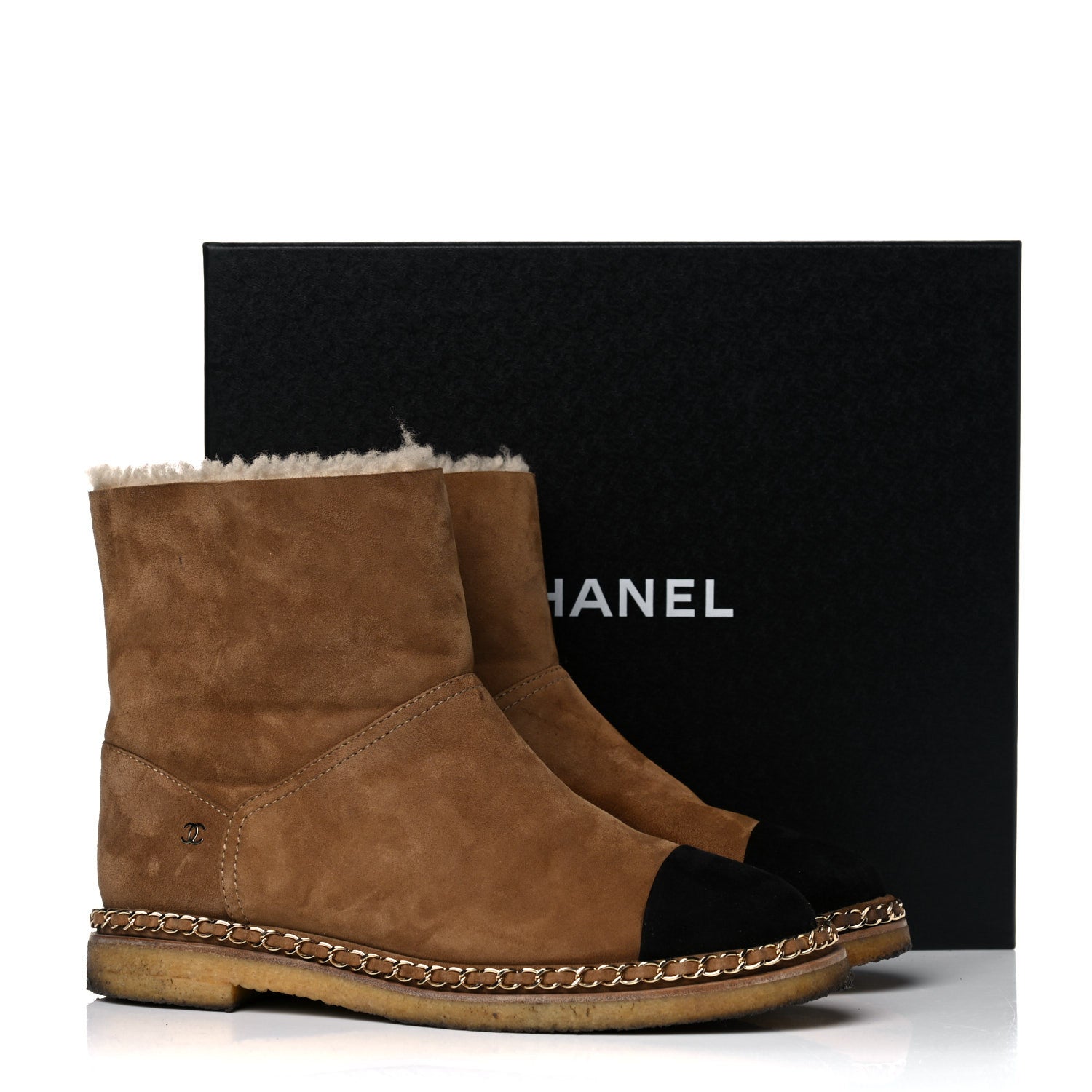 Chanel Kid Suede Shearling Womens Cap Toe Chain Short Boots 40.5 Light Brown Black 24 of 24