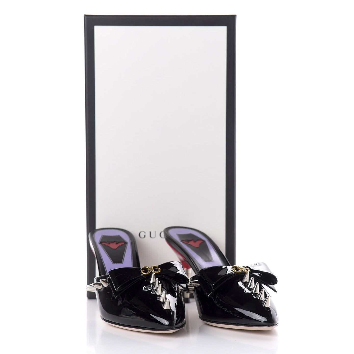 Patent GG Bow Sadie Spike Mid Heel Mules 37.5 Black