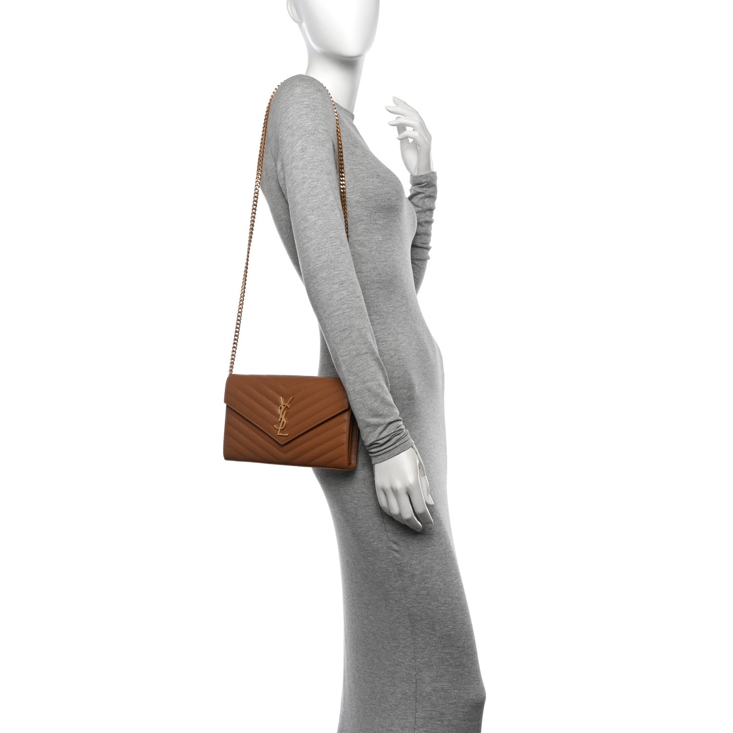 Saint Laurent Grain De Poudre Matelasse Chevron Monogram Chain Wallet Natural Dark 2 of 12