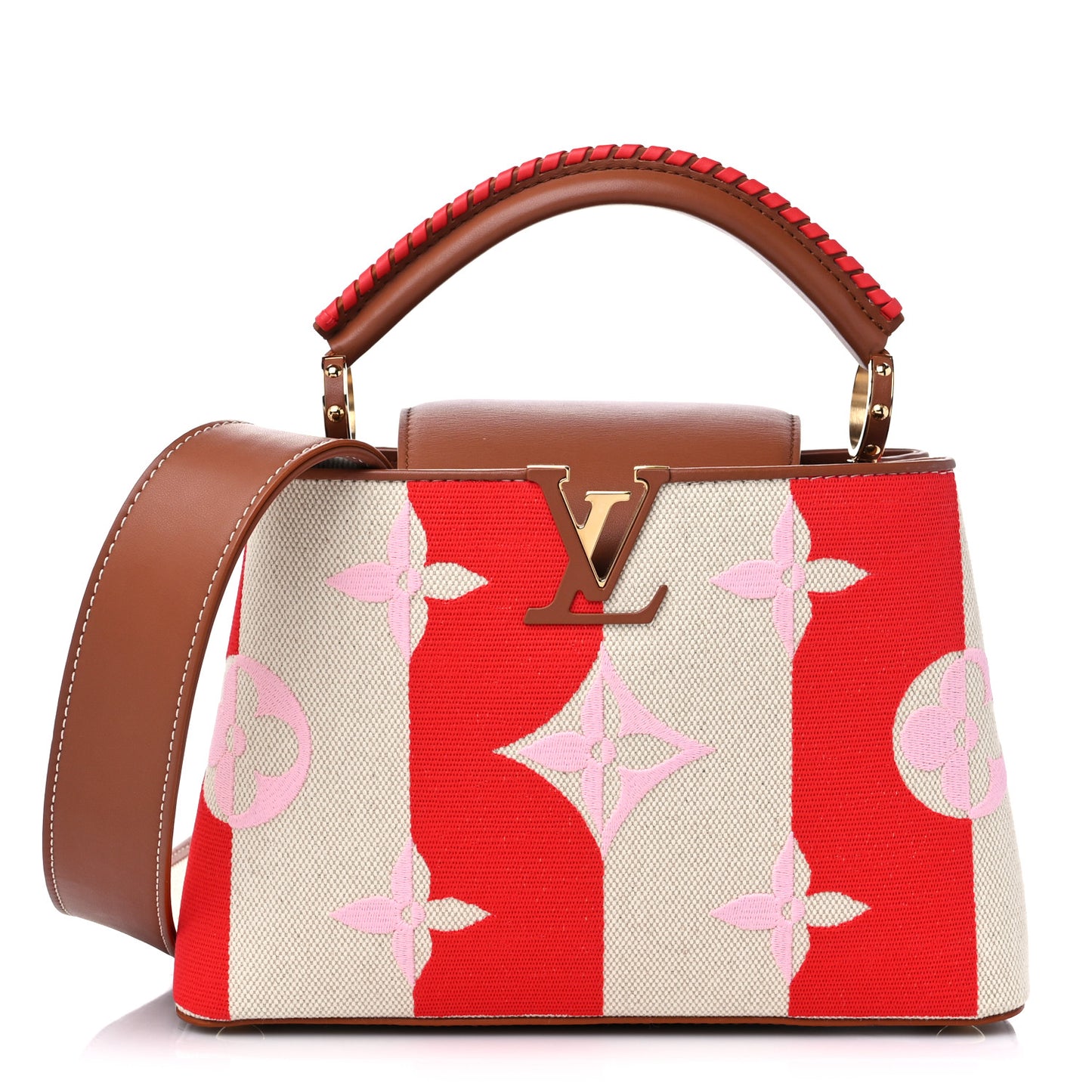 Canvas Calfskin Embroidered Braided Monogram Capucines BB Red