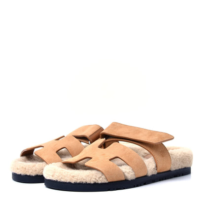 Hermes Suede Goatskin Woolskin Womens Chypre Sandals 36 Golden Beige 4 of 9
