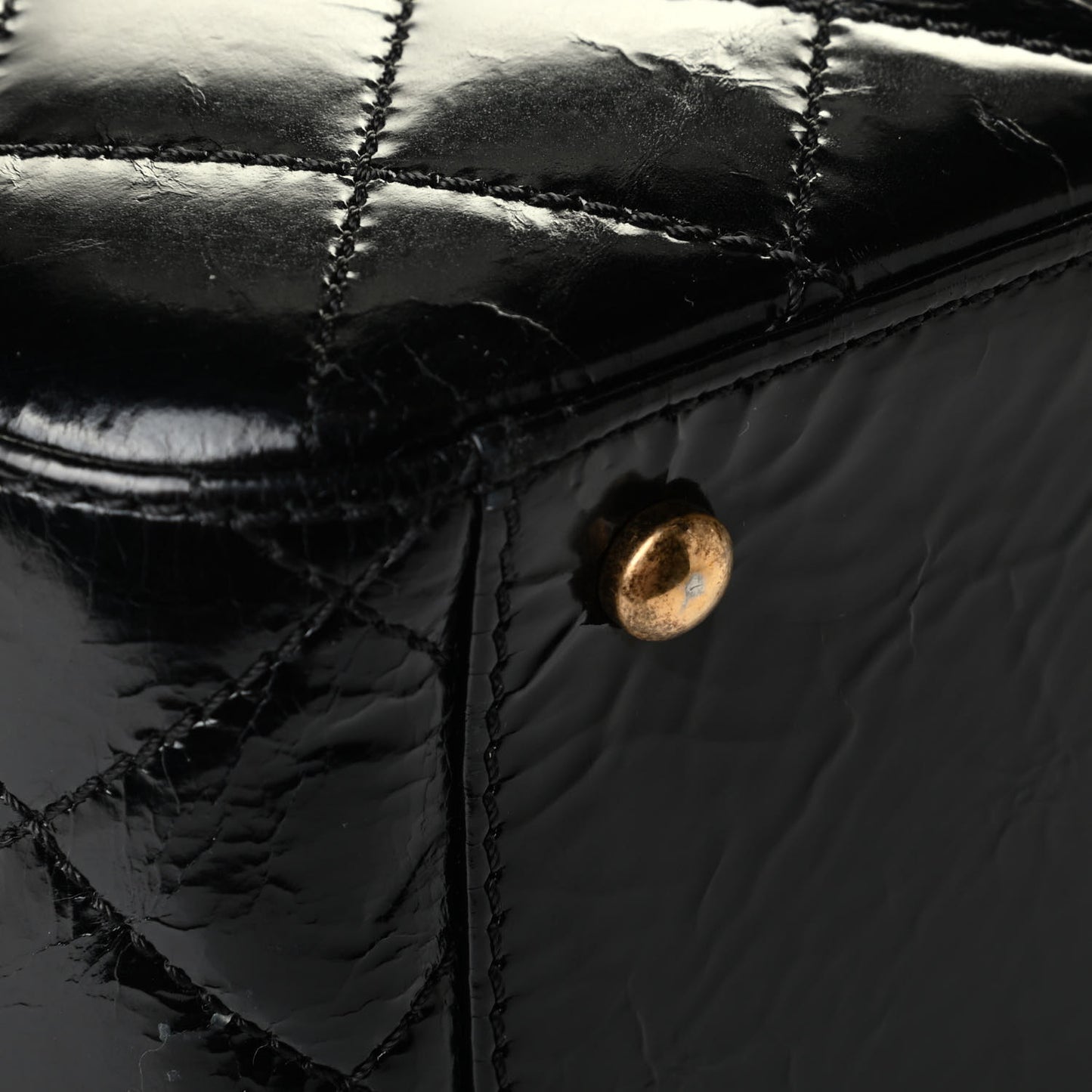 Glazed Calfskin Quilted Cosmetic Top Handle Case Black