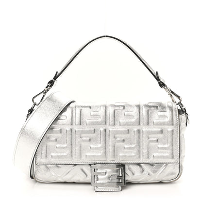 Fendi Vitello Catalan Mirror FF 1974 Embossed Baguette Argento 1 of 11