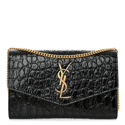 Saint Laurent Calfskin Crocodile Embossed Monogram Uptown Chain Wallet Black 1 of 12