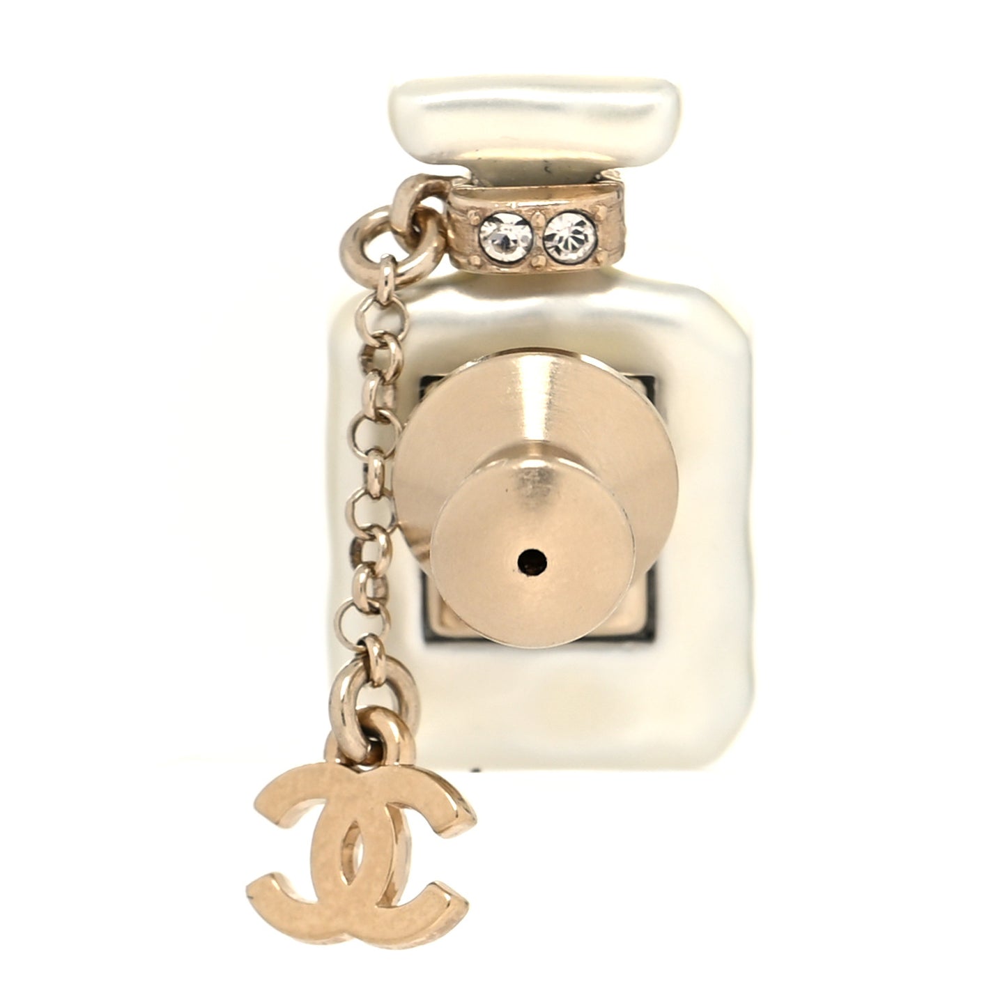 Pearl Resin Crystal CC No 5 Perfume Bottle Brooch Gold Pearly