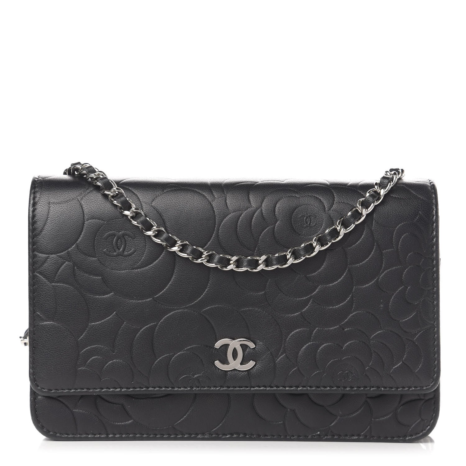 Chanel Goatskin Camellia Embossed Wallet on Chain WOC Black 1 of 15