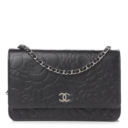 Chanel Goatskin Camellia Embossed Wallet on Chain WOC Black 1 of 15