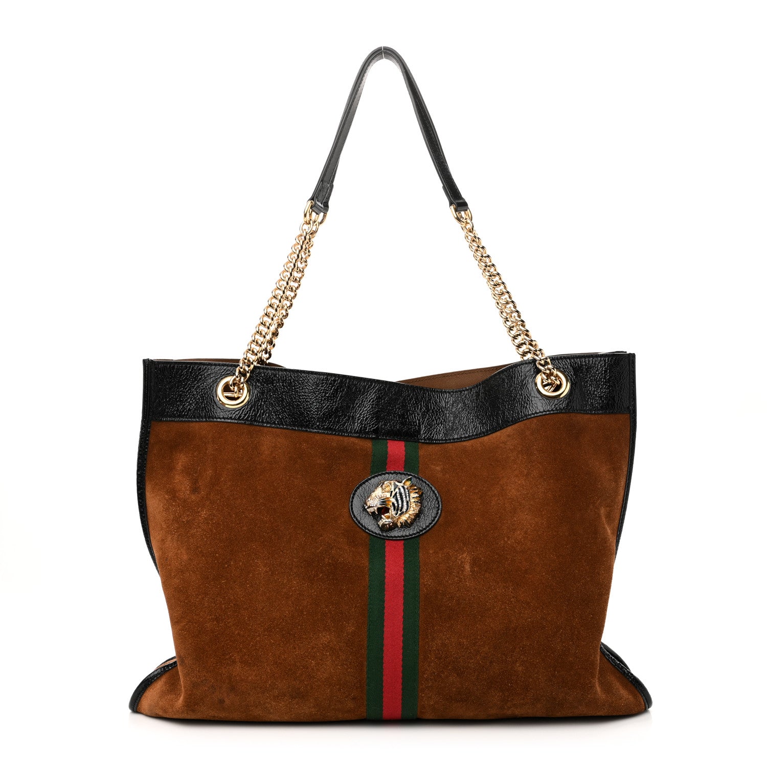 Gucci Suede Patent Large Rajah Chain Tote Nocciola Black 1 of 13
