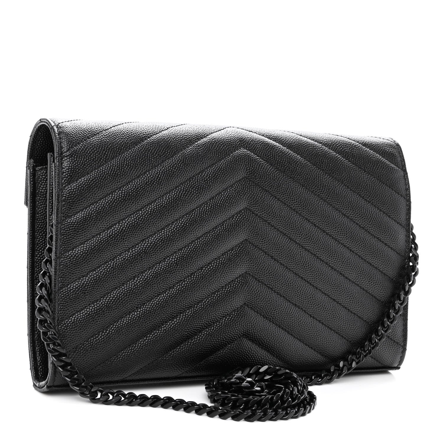 Saint Laurent Grain De Poudre Matelasse Chevron Monogram Monochrome Chain Wallet Black 2 of 10