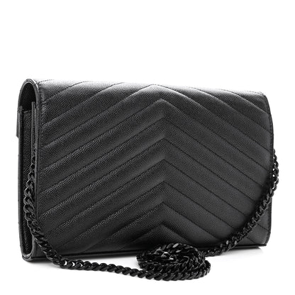 Saint Laurent Grain De Poudre Matelasse Chevron Monogram Monochrome Chain Wallet Black 2 of 10