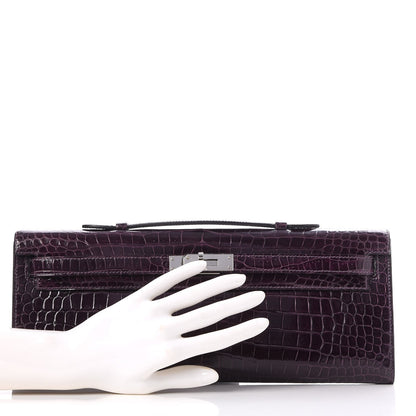 Hermes Shiny Porosus Crocodile Kelly Cut Pochette Aubergine 2 of 23