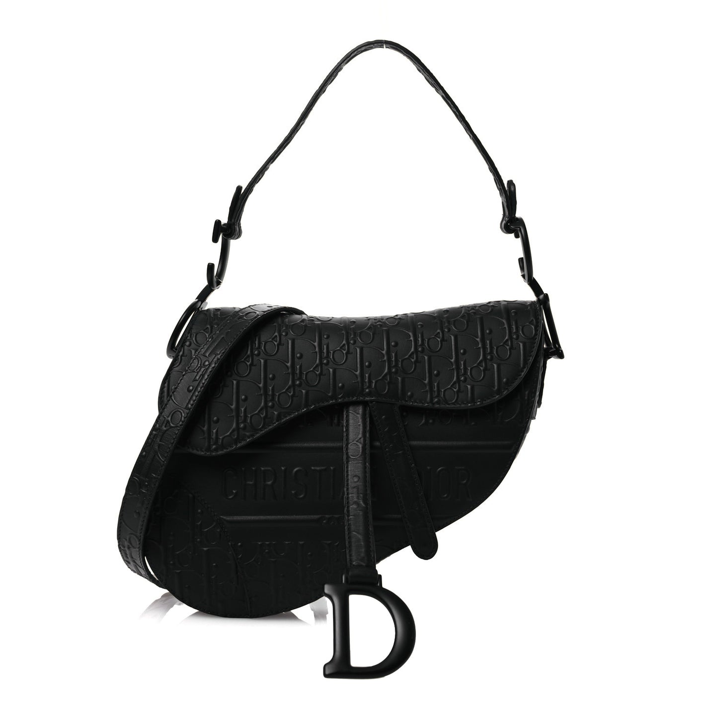 Calfskin Embossed Oblique Saddle Bag With Strap Black
