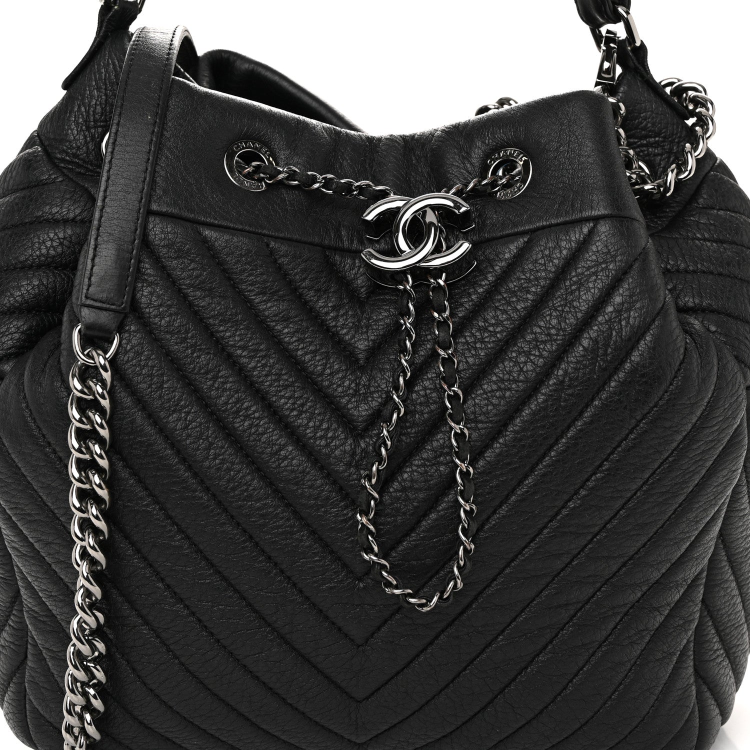Chanel Deerskin Chevron Medium CC Chain Bucket Drawstring Bag Black 8 of 11