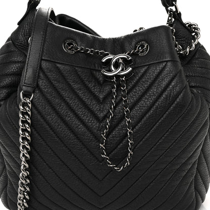 Chanel Deerskin Chevron Medium CC Chain Bucket Drawstring Bag Black 8 of 11