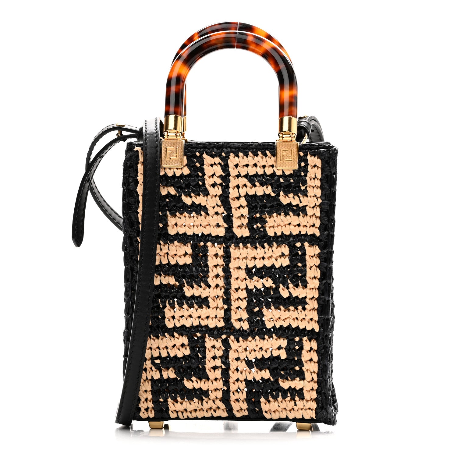 Fendi Raffia Plexiglass Crochet Mini Sunshine Shopper Tote Black 1 of 10