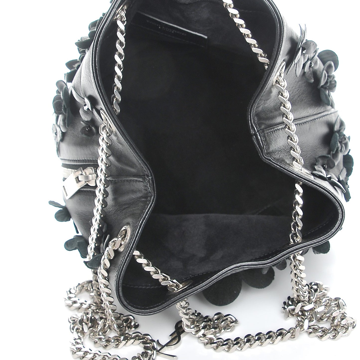 Lambskin Floral Applique Baby Emmanuelle Bucket Bag Black