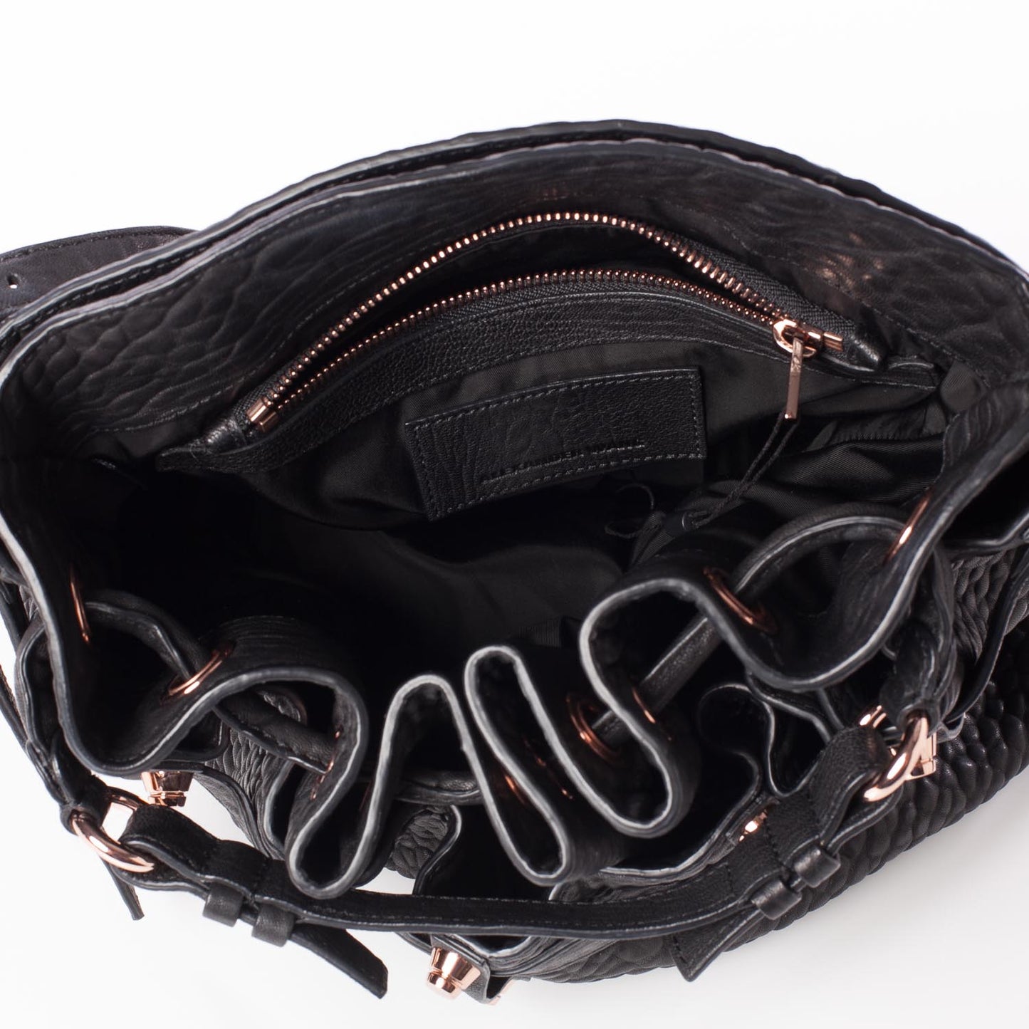 Leather Diego Bucket Bag w Rose Gold Hardware Black