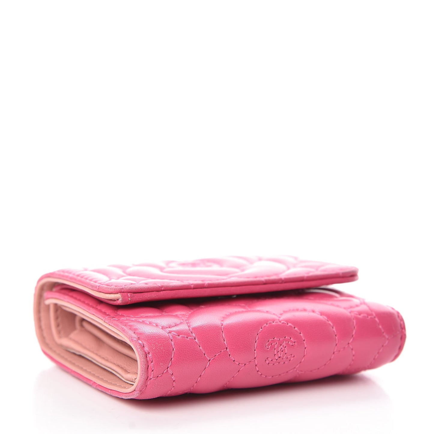 Lambskin Camellia Embossed Compact Wallet Fuchsia