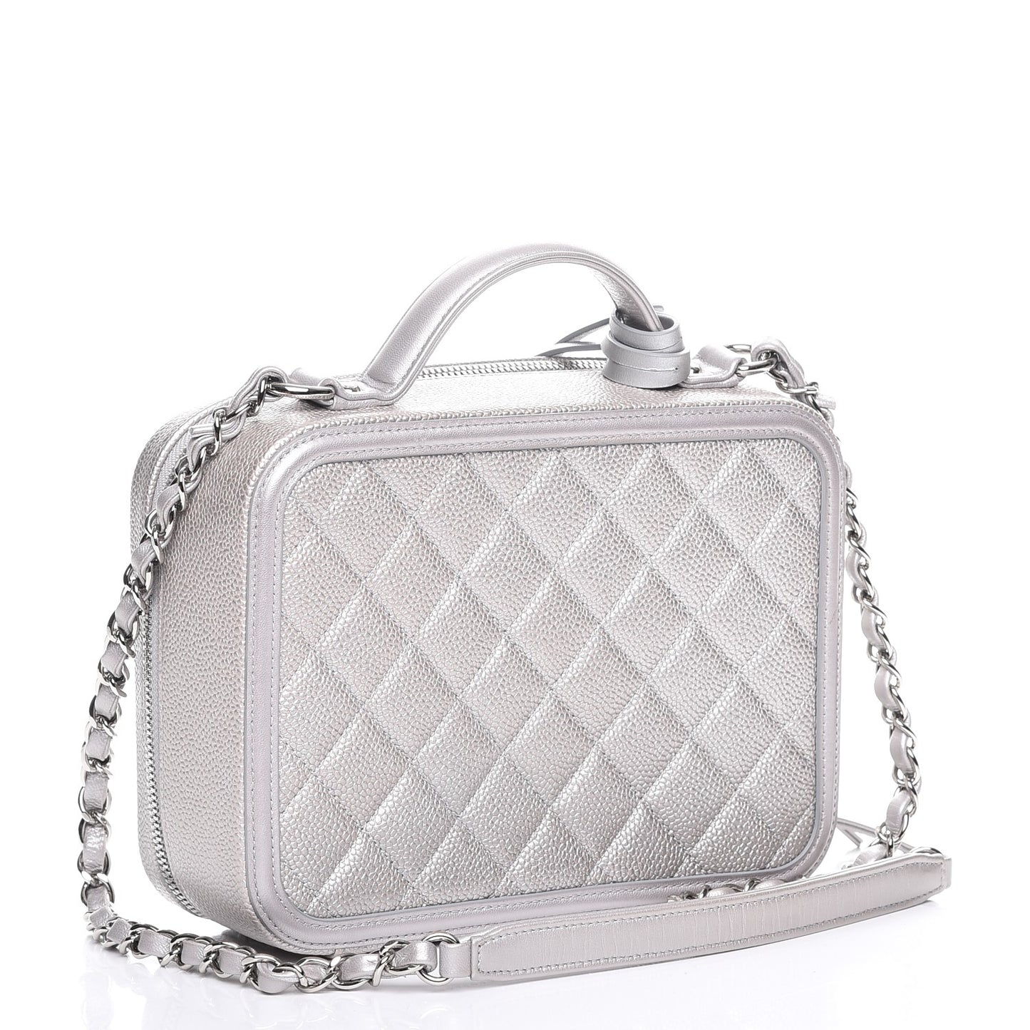 Metallic Caviar Quilted Medium CC Filigree Vanity Case Silver