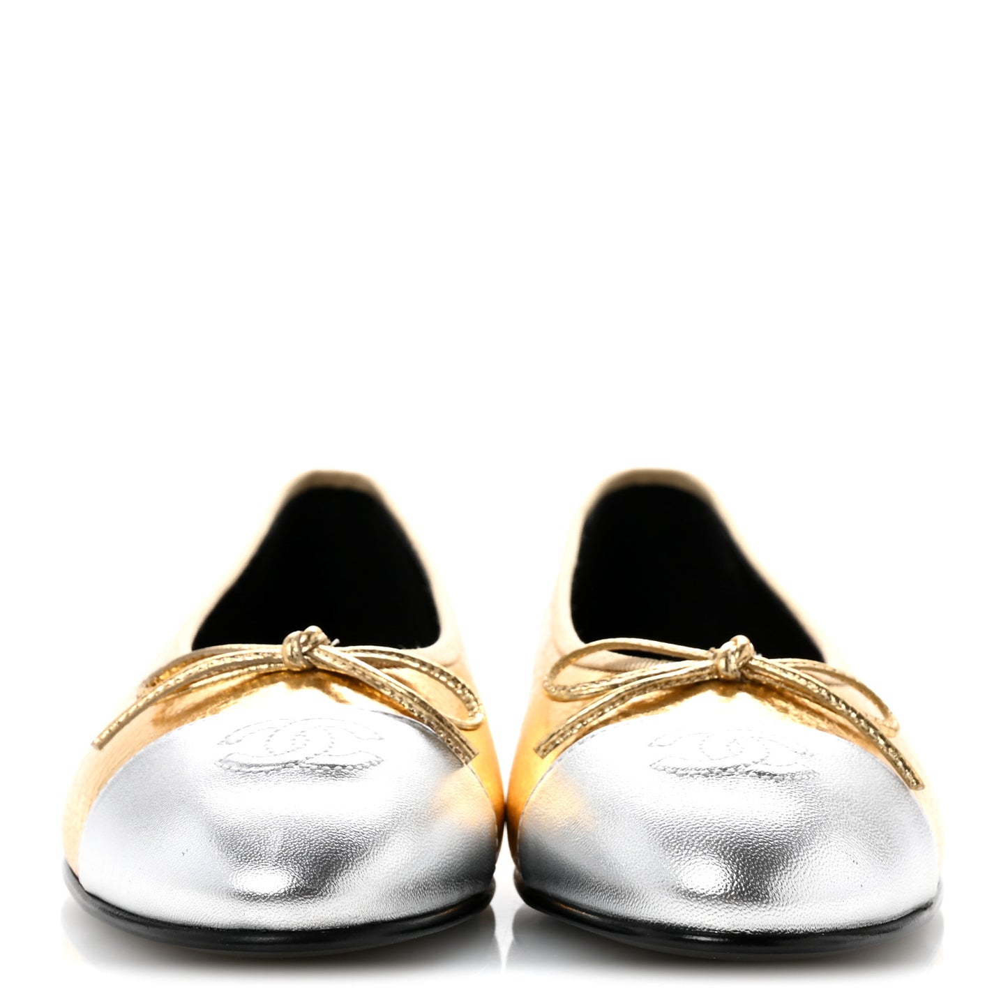 Metallic Crackled Laminated Calfskin CC Cap Toe Ballerina Flats 37.5 Gold Silver