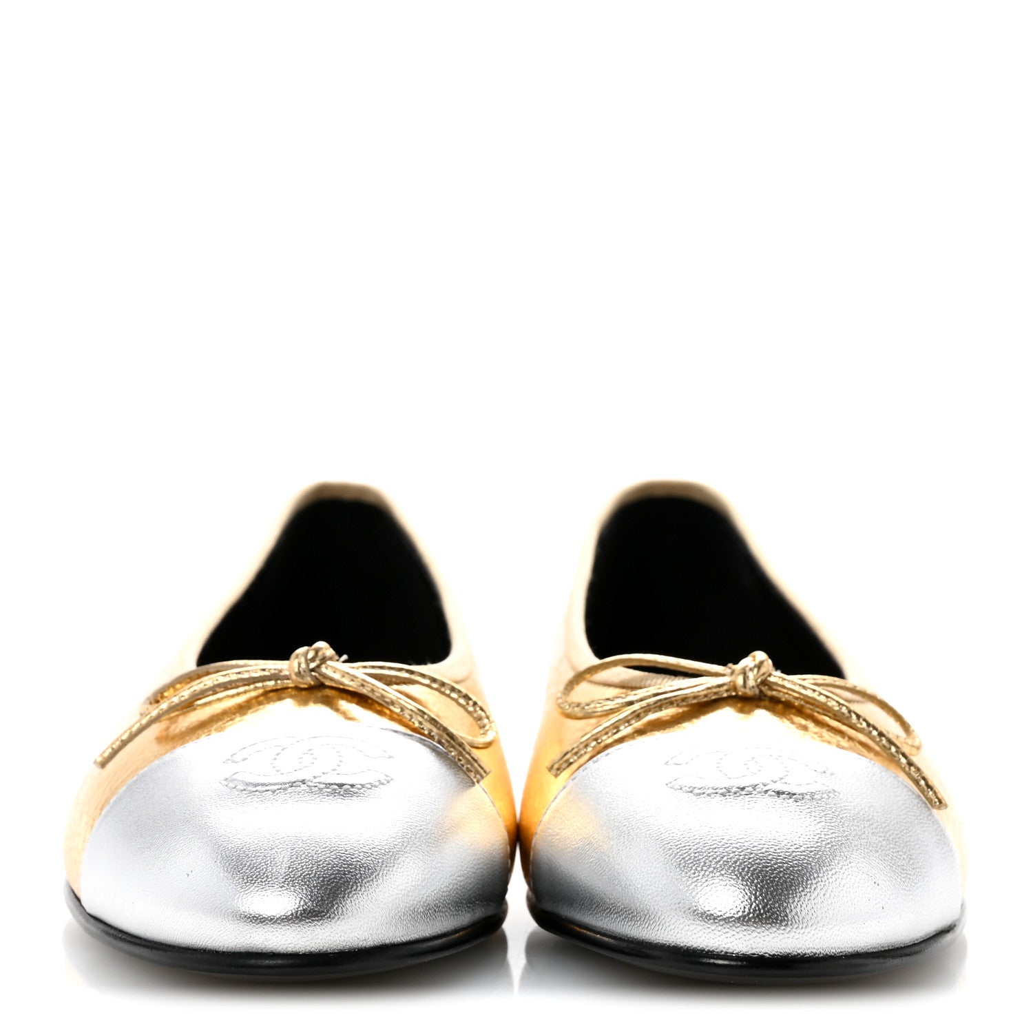 Chanel Metallic Crackled Laminated Calfskin CC Cap Toe Ballerina Flats 37.5 Gold Silver 3 of 11