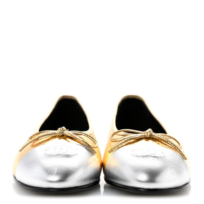 Chanel Metallic Crackled Laminated Calfskin CC Cap Toe Ballerina Flats 37.5 Gold Silver 3 of 11