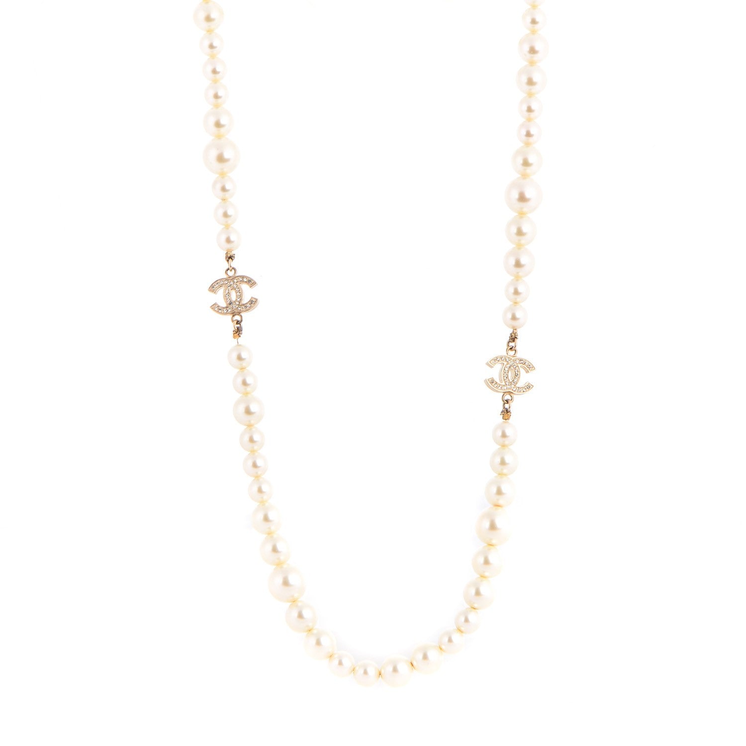 Chanel Graduated Pearl Crystal CC Long Necklace Gold 1 of 5