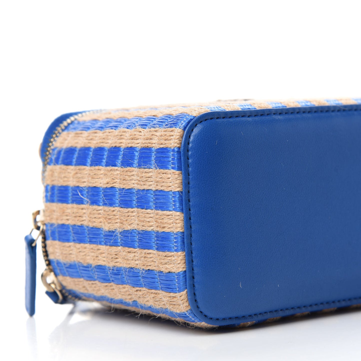 Raffia Jute Striped Small Vanity Case With Chain Blue Beige