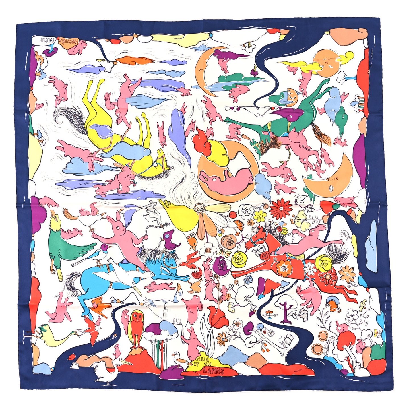 Silk Twill Mille Et Un Lapins Scarf 90 Marine White Multicolor