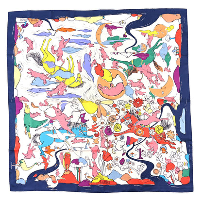 Hermes Silk Twill Mille Et Un Lapins Scarf 90 Marine White Multicolor 1 of 5