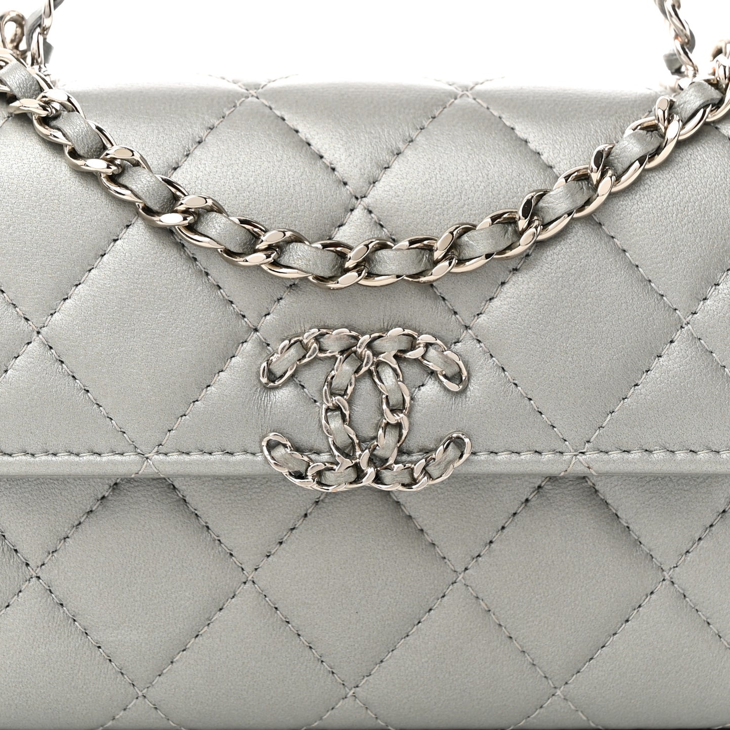 Lambskin Quilted Chain Top Handle Phone Holder With Chain Silver