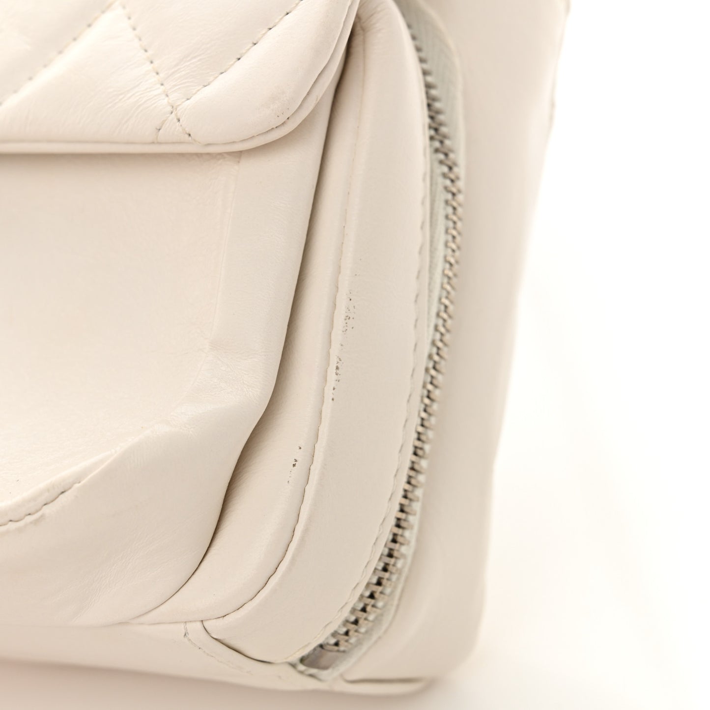 Aged Calfskin Quilted Express Zip Around Flap White