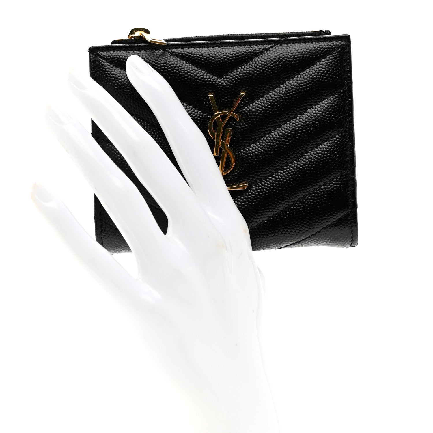 Saint Laurent Grain De Poudre Matelasse Chevron Monogram Zipped Card Case Black 2 of 7