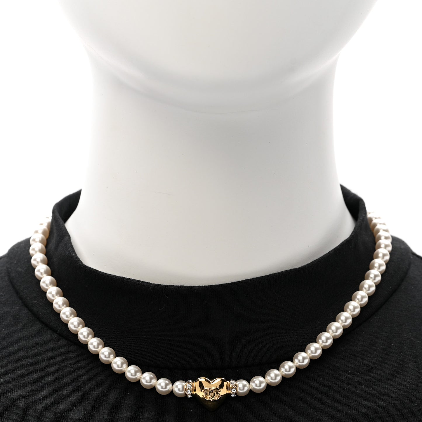 Crystal Pearl CC Heart Choker Necklace Gold