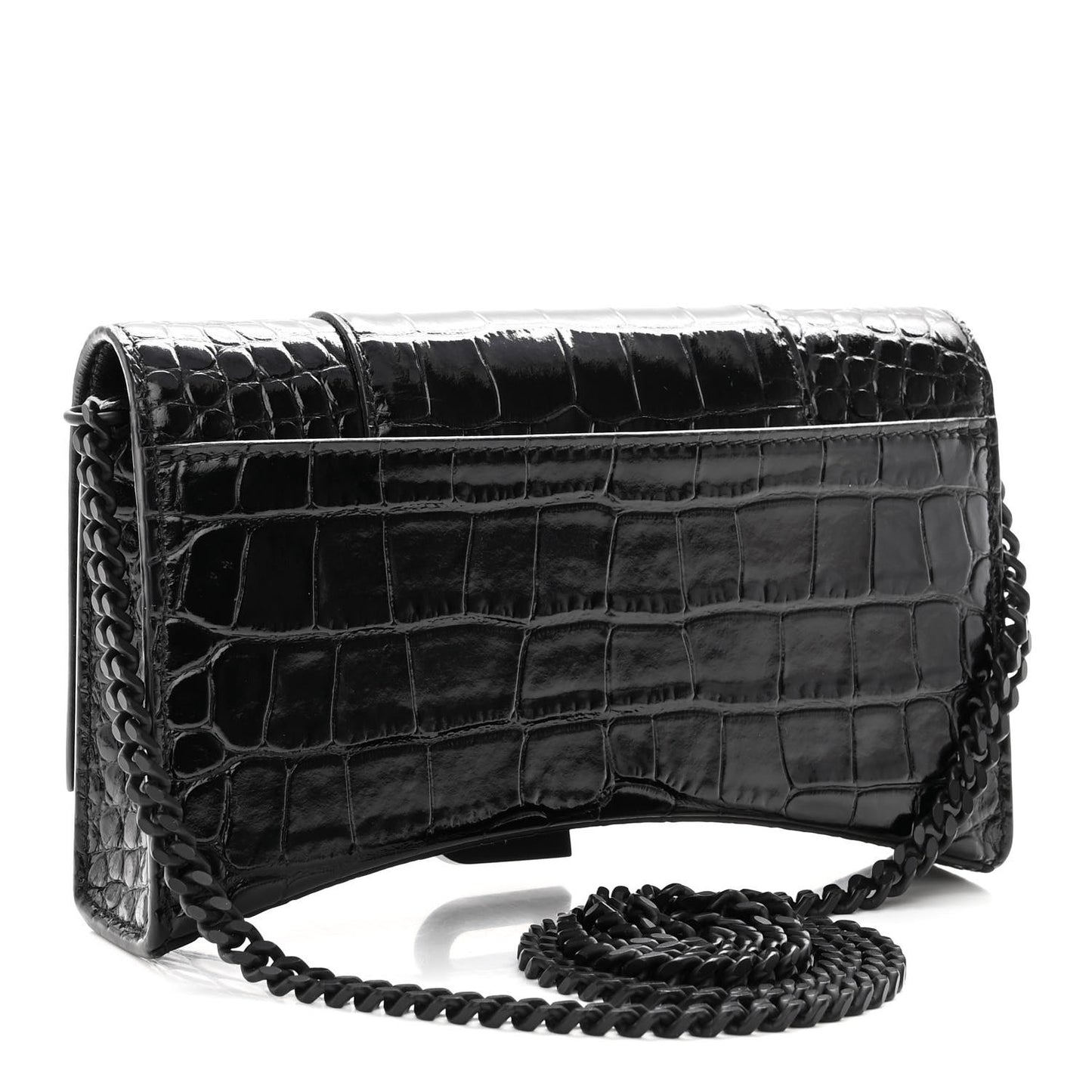 Shiny Calfskin Monochrome Crocodile Embossed Hourglass Chain Bag Black