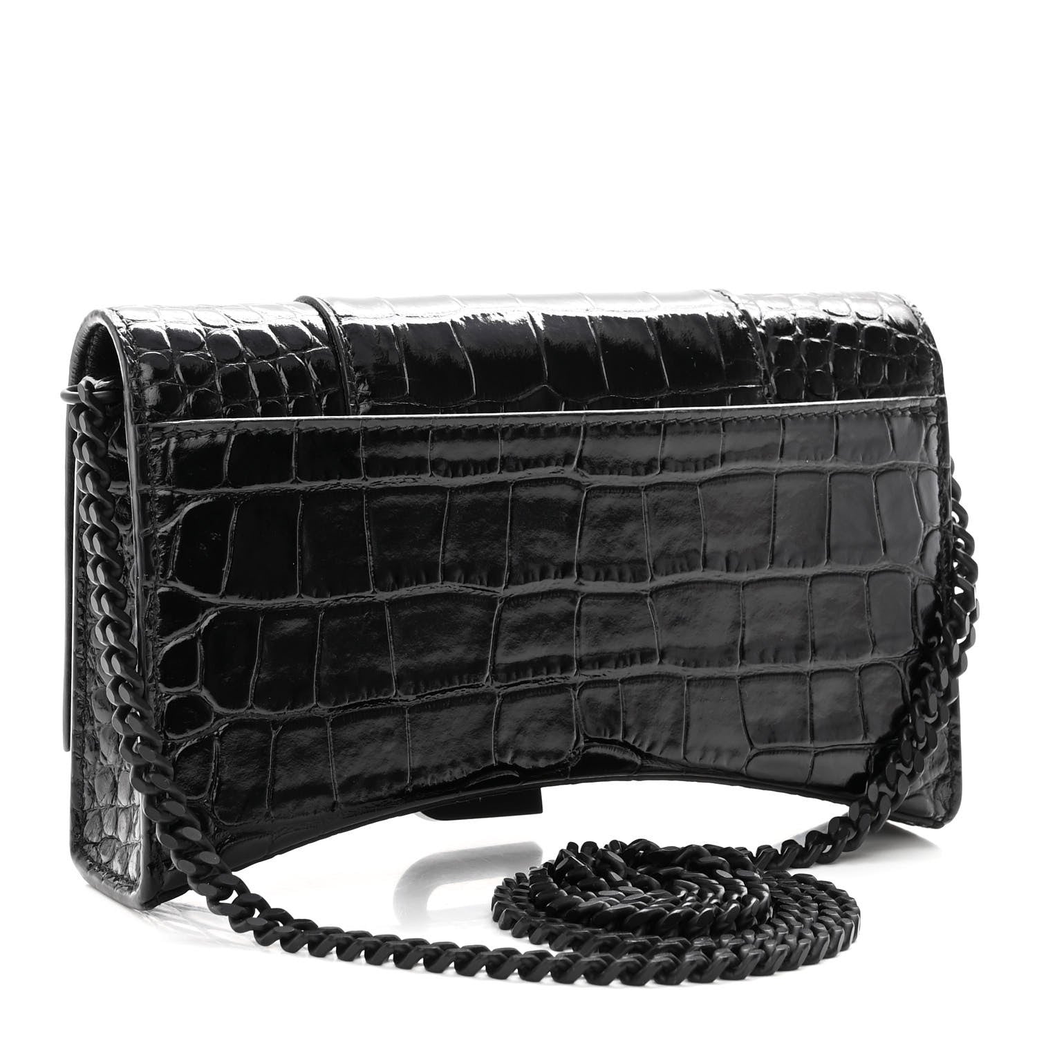 Balenciaga Shiny Calfskin Monochrome Crocodile Embossed Hourglass Chain Bag Black 3 of 9