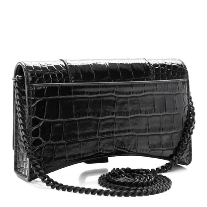Balenciaga Shiny Calfskin Monochrome Crocodile Embossed Hourglass Chain Bag Black 3 of 9