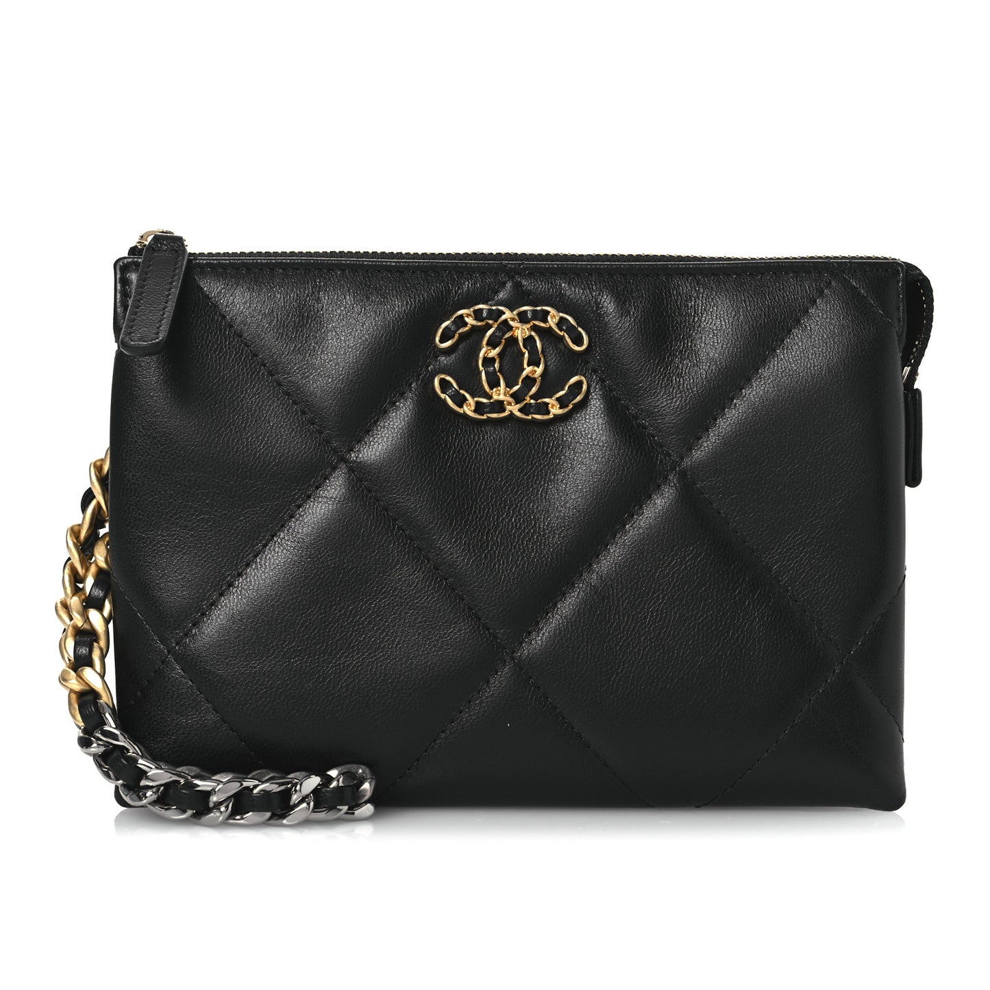 Shiny Goatskin Quilted Small Chanel 19 Pouch With Handle Black