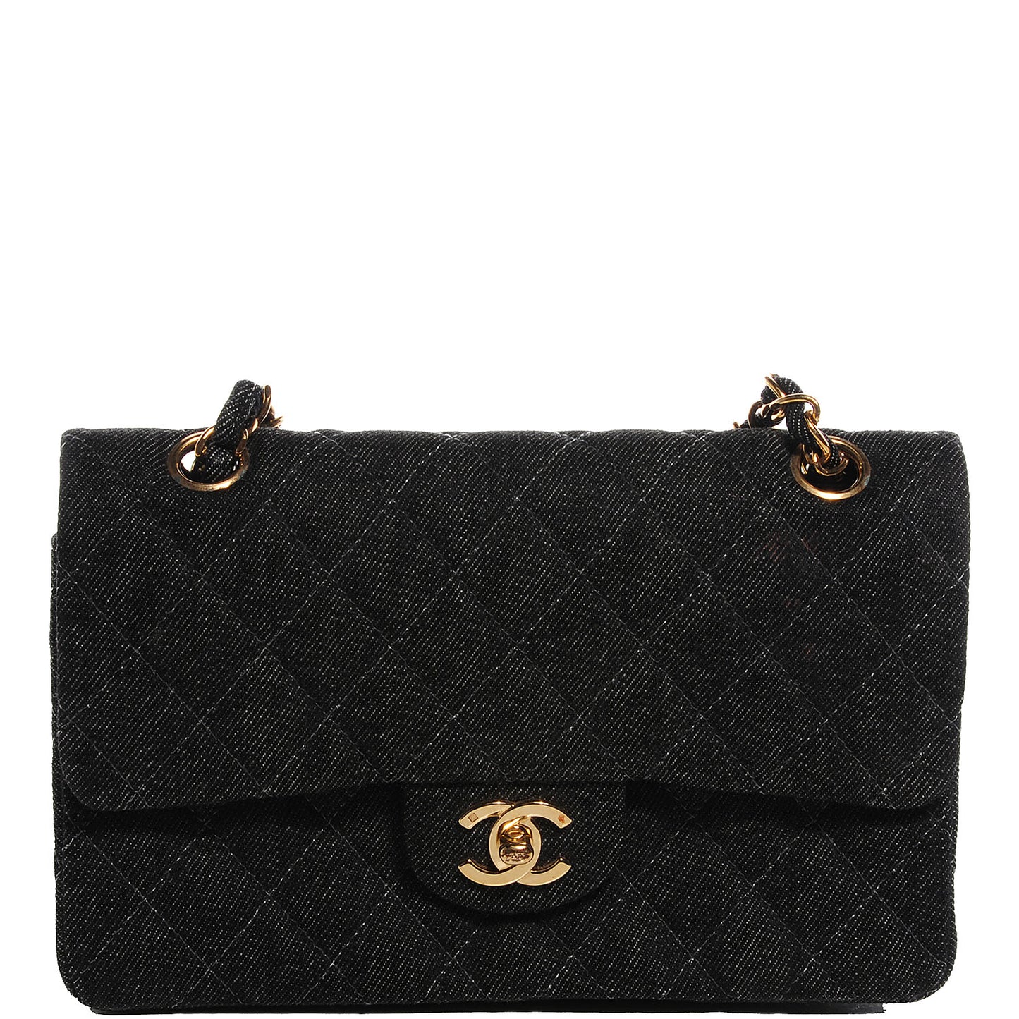 Denim Quilted Small Double Flap Bag Black