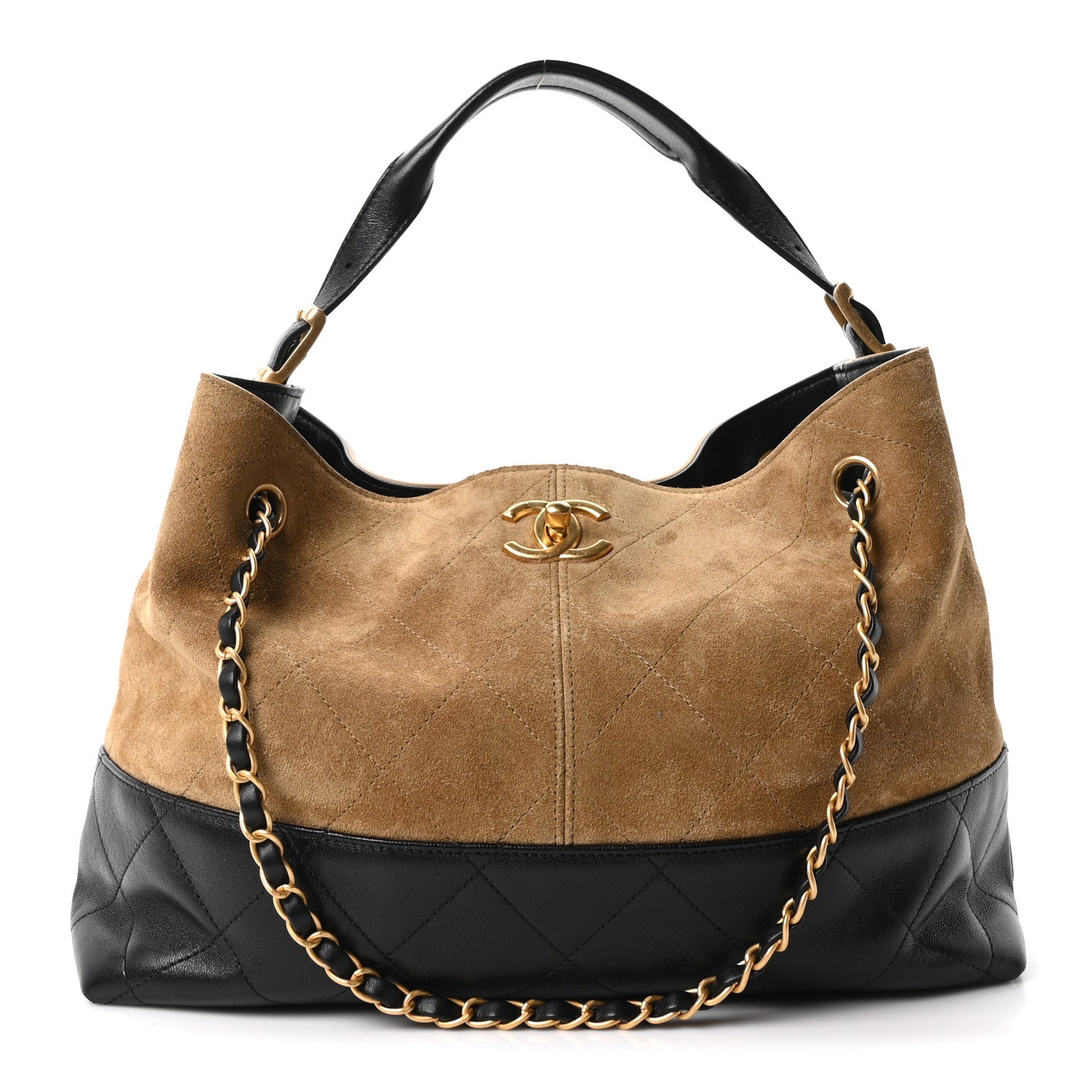 Chanel Suede Calfskin Shiny Lambskin Quilted Small Coco Base Shopping Bag Beige Black 1 of 10