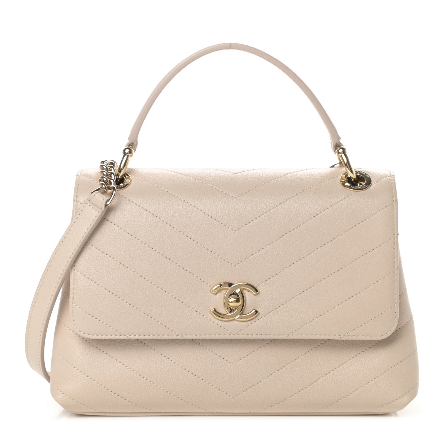 Chanel Grained Calfskin Small Chevron Chic Top Handle Flap Beige 1 of 14