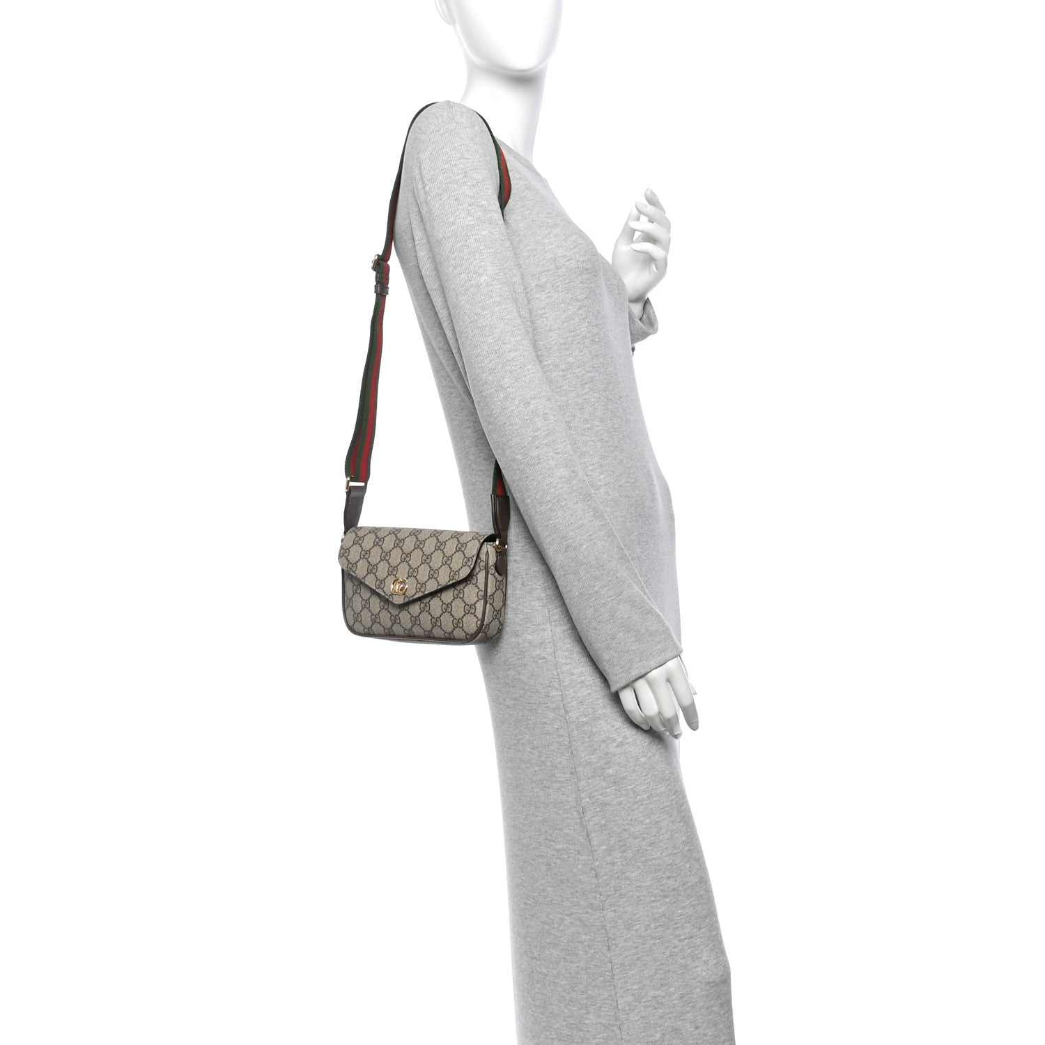 Gucci GG Supreme Monogram Textured Dollar Calfskin Web Mini Ophidia Envelope Shoulder Bag Beige Ebony 2 of 11