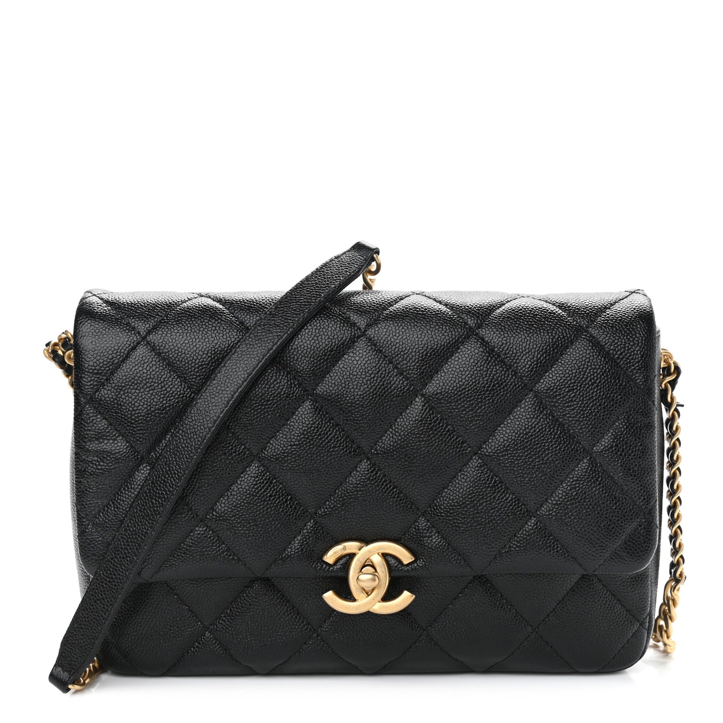 Shiny Caviar Quilted Large Chain Melody Flap Black