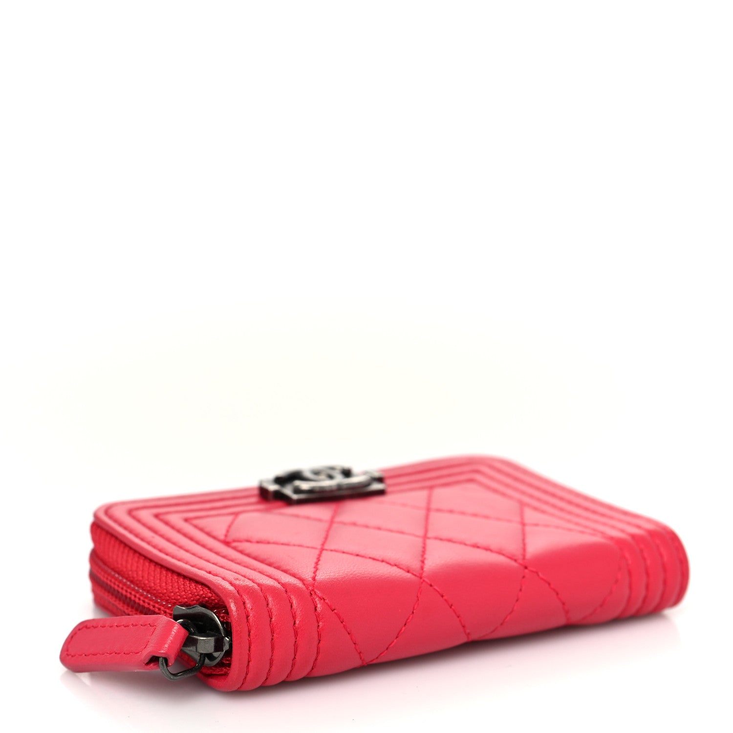Chanel Lambskin Quilted Boy Zip Around Coin Purse Wallet Red 4 of 11