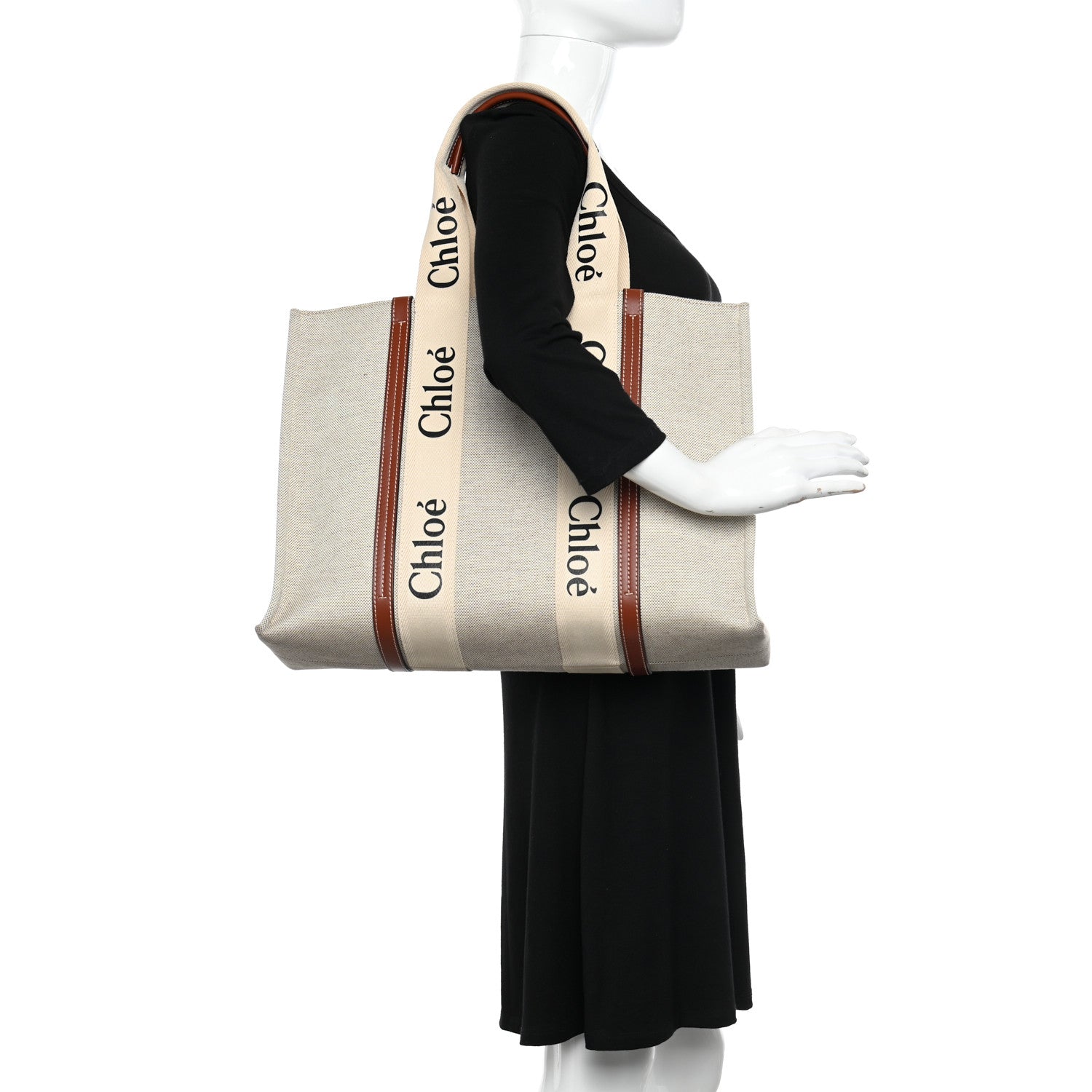 Chloe Cotton Calfskin Large Woody Ribbon Tote White Brown 2 of 10