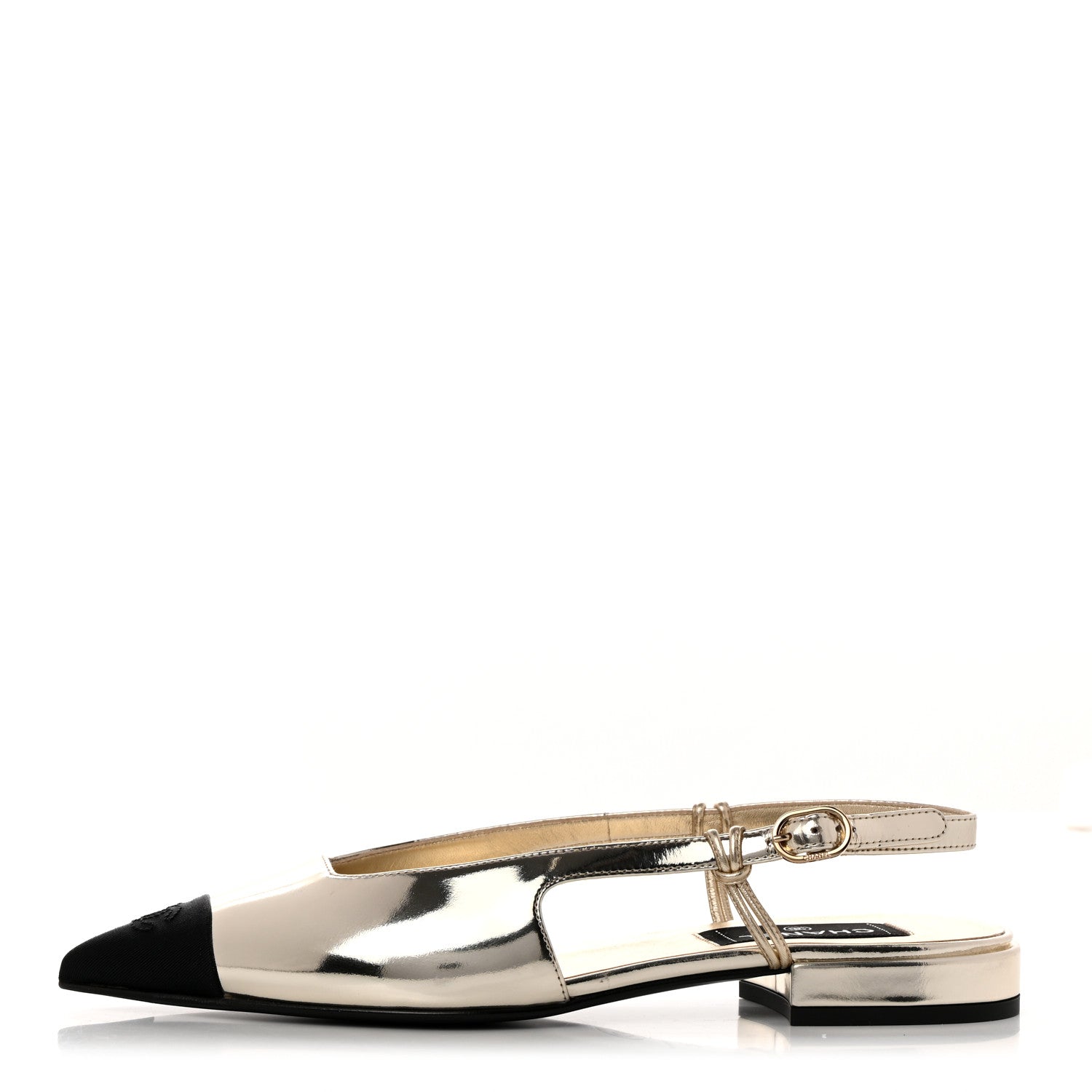 Chanel Laminated Calfskin Grosgrain Cap Toe CC Slingback Flats 37 Gold Black 1 of 9