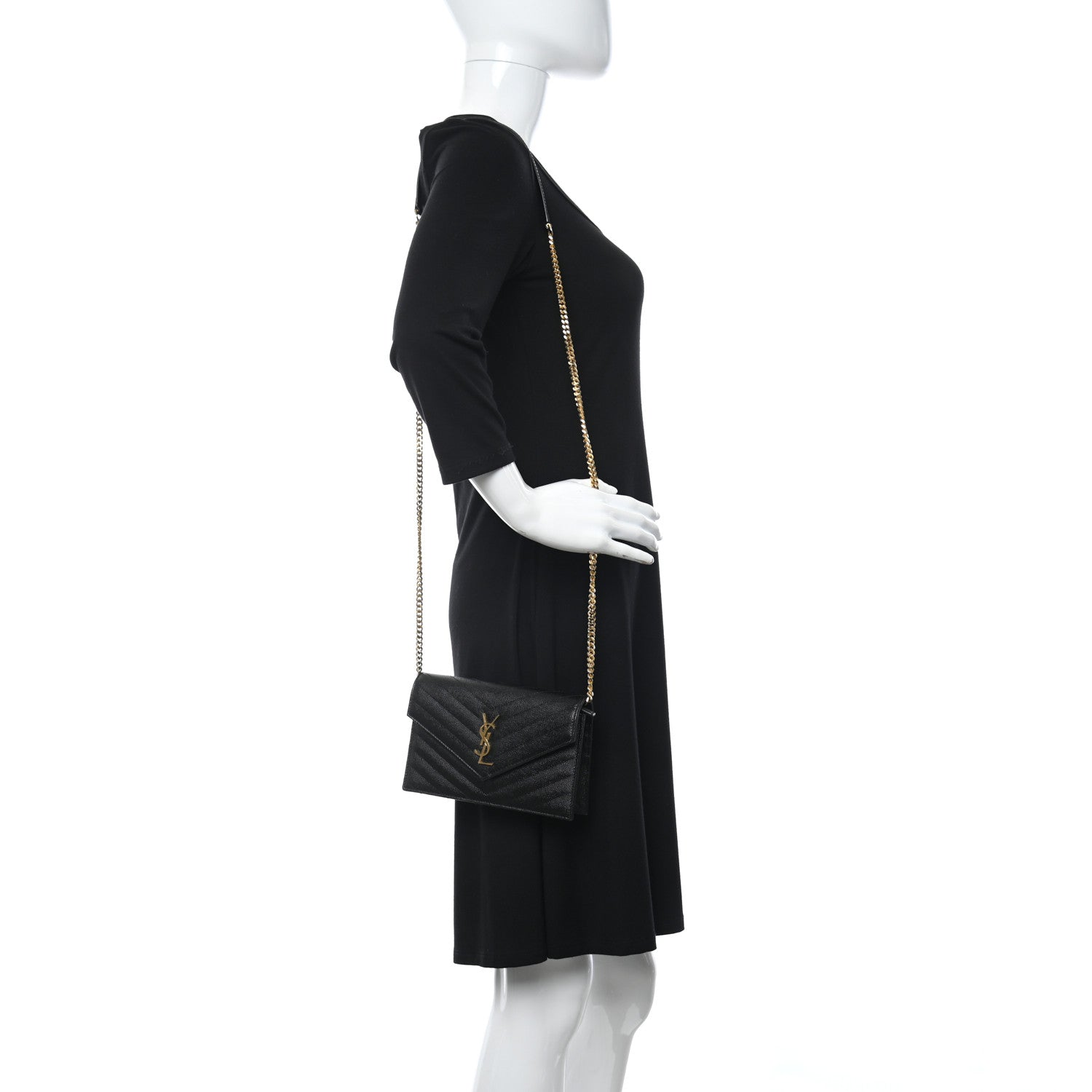 Saint Laurent Grain De Poudre Matelasse Chevron Monogram Envelope Chain Wallet Black 2 of 12