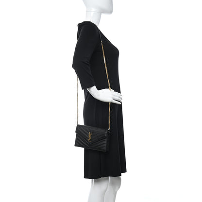 Saint Laurent Grain De Poudre Matelasse Chevron Monogram Envelope Chain Wallet Black 2 of 12