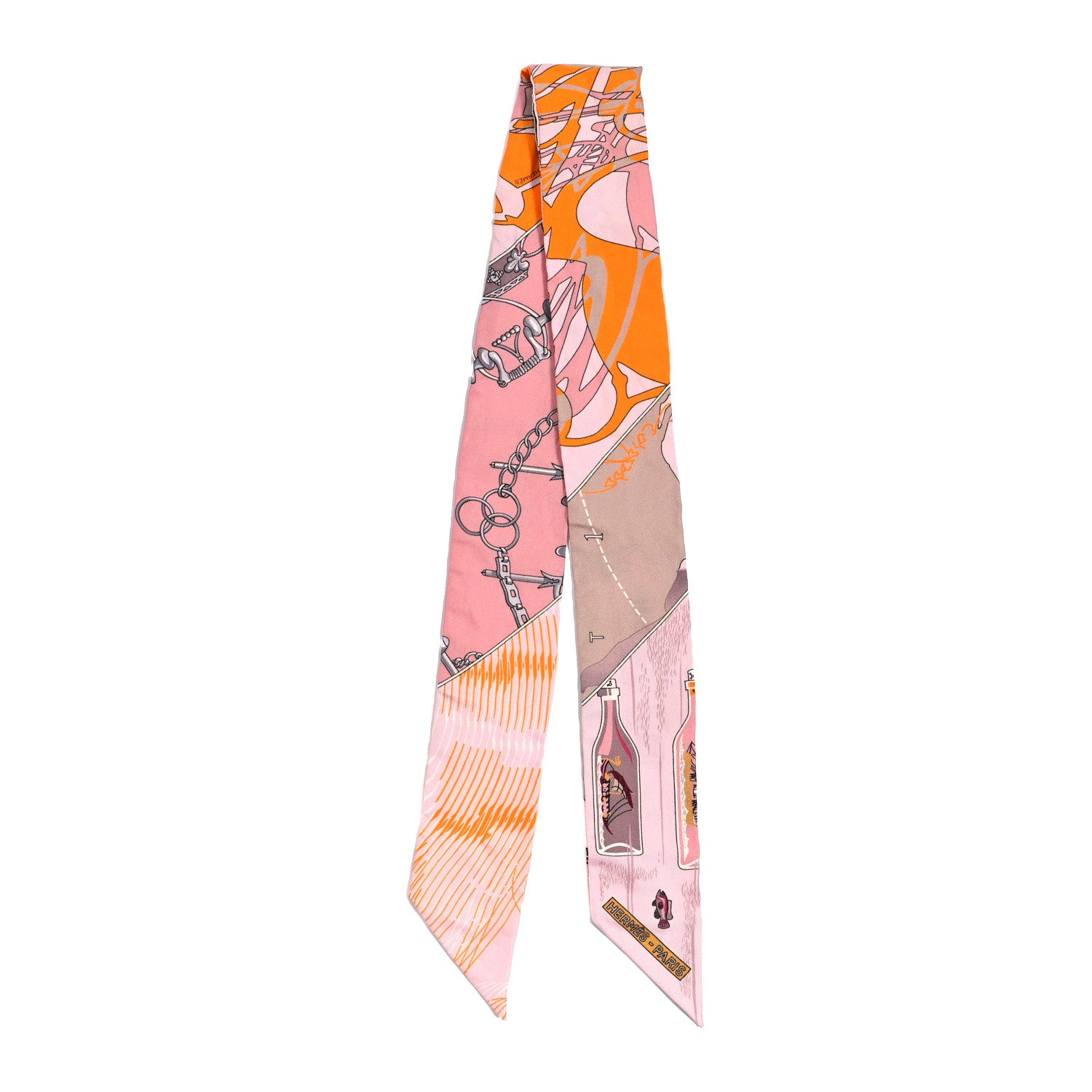 Hermes Silk Caleche Mors Et Bouteilles Twilly Rose Jaune Gris 2 of 3