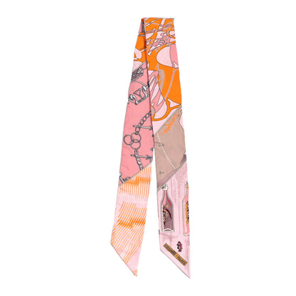 Hermes Silk Caleche Mors Et Bouteilles Twilly Rose Jaune Gris 2 of 3